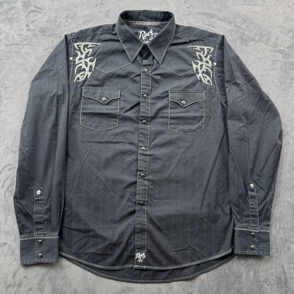 Rock 47 by Wrangler Mens XL Black Tribal Embroidered Western Snap Shirt MRC217X